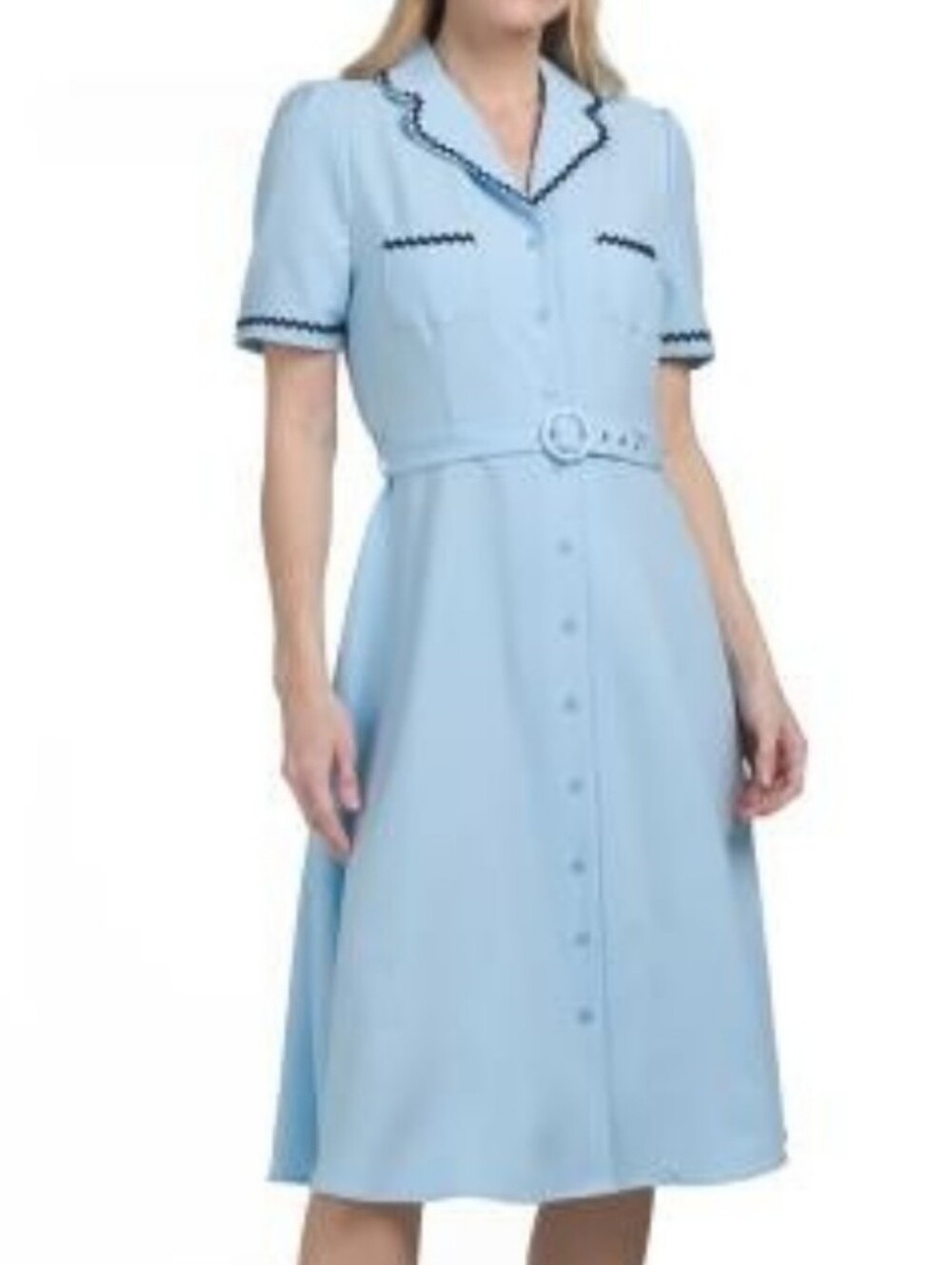 NWT - Nanette Lepore Lt. Topaz Ric Rac Trim Belted Stretch Shirtdress - Size 14